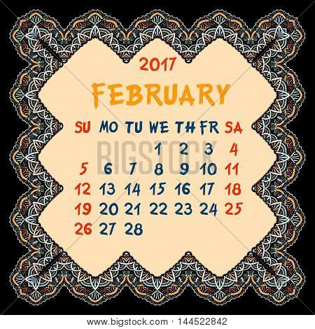 Calendar for 2017 Year. February Vector Design Print Template with Oriental colorful frame. Islam Arabic Indian ottoman motifs. Vintage decorative element.