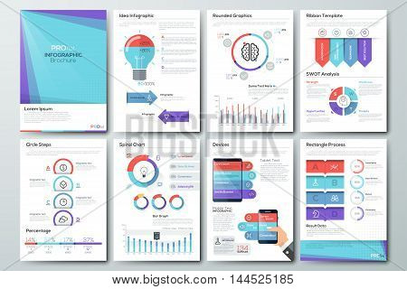 Data visualization brochures and infographic business templates. Use in website, corporate brochure, advertising and marketing. Pie charts, line graphs, bar graphs and timelines.
