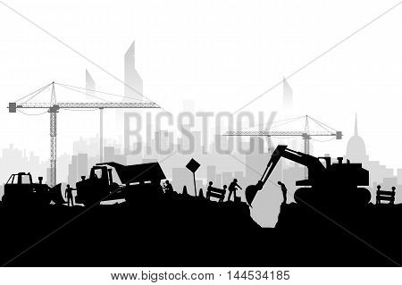 illustration of silhouette construction vehicles digging a hole on megapolis background