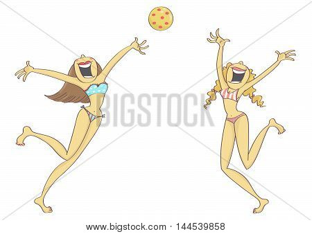 Two pretty, cute girls in bikinis playing volleyball.