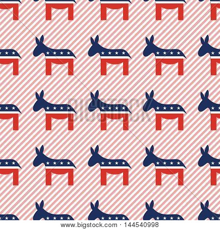 Democrat Donkeys Seamless Pattern On Red Stripes Background. Usa Presidential Elections Patriotic Wa