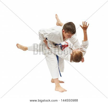 Children on a white background are doing throws