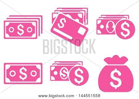 Cash Money vector icons. Pictogram style is pink flat icons with rounded angles on a white background.