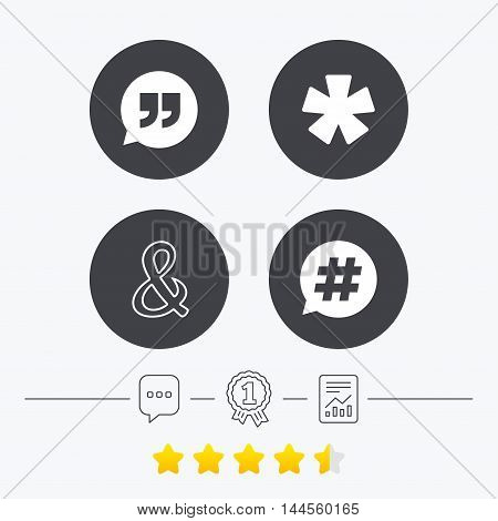 Quote, asterisk footnote icons. Hashtag social media and ampersand symbols. Programming logical operator AND sign. Speech bubble. Chat, award medal and report linear icons. Star vote ranking. Vector