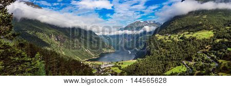 Geiranger fjord, Beautiful Nature Norway panorama. It is a 15-kilometre (9.3 mi) long branch off of the Sunnylvsfjorden, which is a branch off of the Storfjorden (Great Fjord).