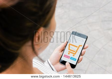 close up woman use phone shopping online on thrid person view