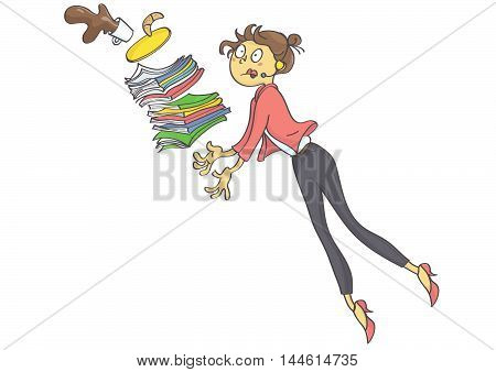 Cartoon illustration of overworked business woman, secretary or trainee stumbling and dropping office stuff and coffee. Vector.