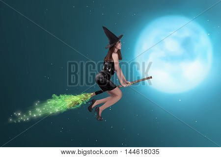 Pretty Asian Witch Woman Flying On The Sky