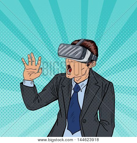 Amazed Business Man in Virtual Reality Goggles. Pop Art Vector illustration