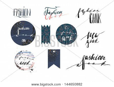 Hand drawn vector template collection with handwritten lettering phases New York fashion week and fashion chikbannerspostersstickerssign and design elements for fashion blog or show.