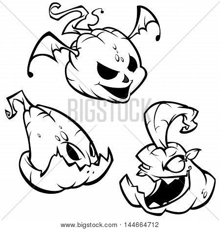 Vector set of Back And White Scaring Halloween Pumpkins with various expressions. Cartoon coloring characters
