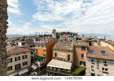 SIRMIONE ITALY - MAY 5 2016: View of Piazza Catello from the Scaliger Castle in Sirmione Lake Garda Italy