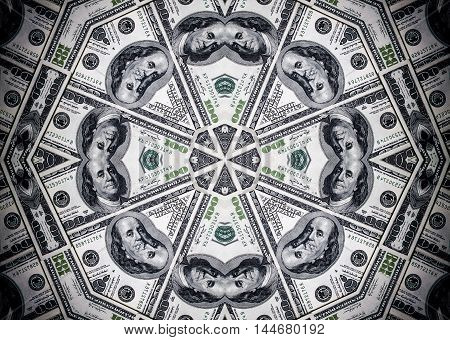 Background from a variety of hundred-dollar bills. Money money. Dollars background. Counterfeit money. Kaleidoscope.