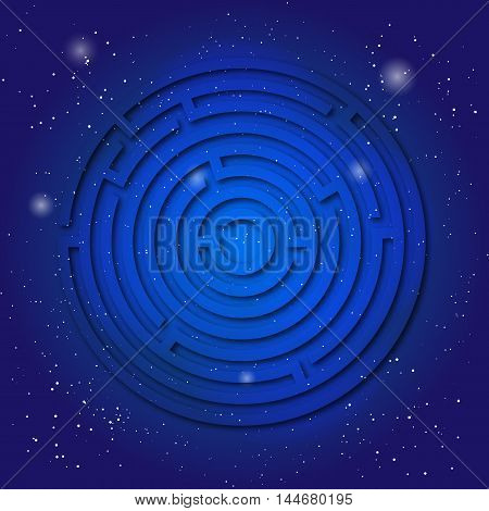 Spiritual sacred symbol of labyrinth on the deep blue cosmic sky. Sacral geometry in universe. Space with mystic design.
