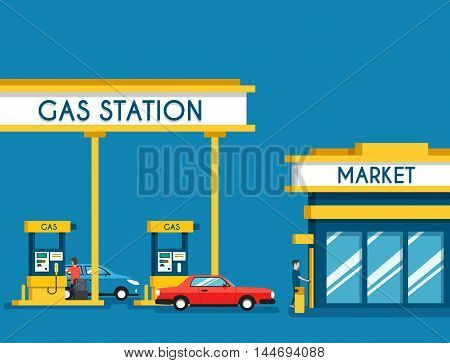 Gas filling station. Energy. Vector flat illustration. Gasoline and oil station with market. Happy customers