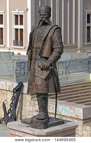 SKOPJE MACEDONIA - SEPTEMBER 17: Statue of Georgi Pulevski in Skopje on SEPTEMBER 17 2012. Bronze Monument of Gjorgji Pulevski in Skopje Macedonia.
