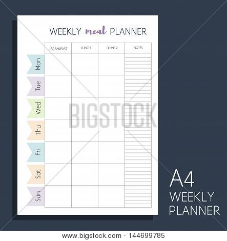Weekly Meal Planner. Vertical Blank Form. Format A4