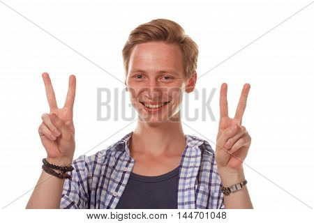 Handsome Young Man Showing Victory Fingers Sign