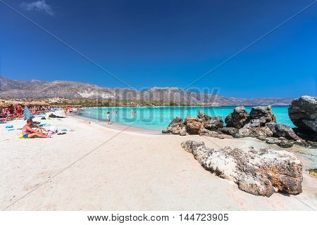 Elafonisi, Island Crete, Greece, - June 28, 2016: The  beautiful beach Elafonisi (or Elafonissi) with pink sand