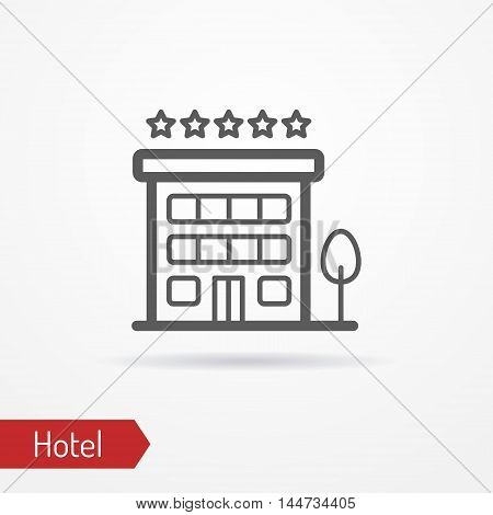 Abstract simplistic hotel icon in silhouette line style with shadow. Small building with a tree and five stars. Travel vector stock image.