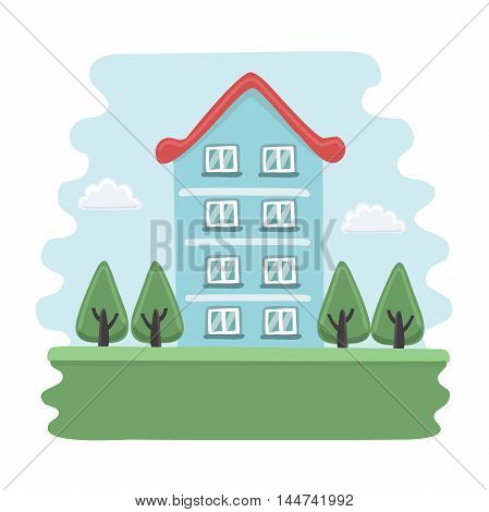 Vector illustration of cartoon blue house four-storey building, sky and cloud and fir