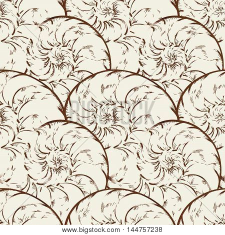 Abstract ornamental spiral seamless outline pattern. Stylish seashell nautilus textured wave geometric background