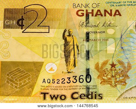 2 Ghana cedi bank note. Ghana cedi is the national currency of Ghana