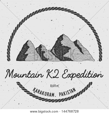 K2 In Karakoram, Pakistan Outdoor Adventure Logo. Round Trekking Vector Insignia. Climbing, Trekking