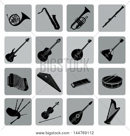 Musical instruments icon set. Folk classical jazz ethnic rock music symbols
