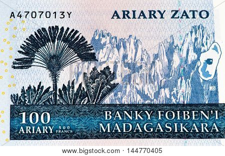 100 Malagasy ariary bank note of Madagascar. Malagasy ariary is the national currency of Madagascar