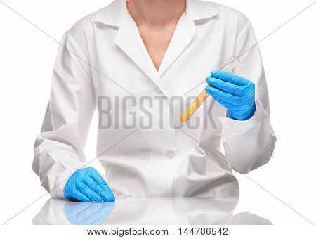 Female In Gown And Gloves Holding Test Tube With Sorbent