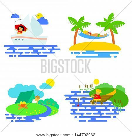 Summer activity icons set in flat style with fishing yachting relaxing and camping people