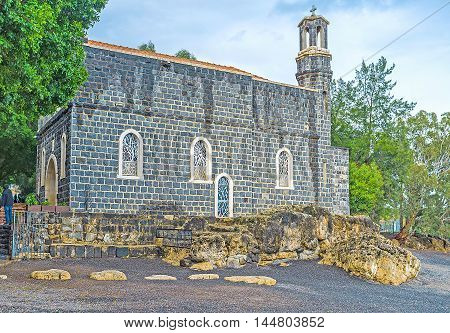 The Church of the Primacy of St Peter located adjacent to the pebble beach at the Sea of Galilee Tabgha Isael.