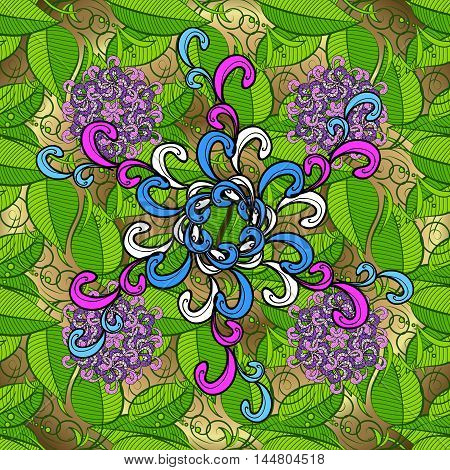 lilac blue pink and white mandala with green leaves pattern on a yellow background.