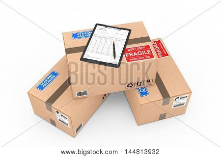 Cardboard Parcel Package with Delivery Note on a white background. 3d Rendering