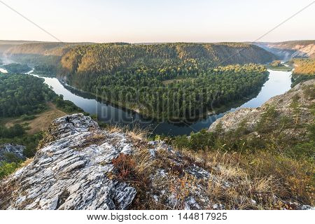 Bashkortostan Russia. The White river in the southern Ural mountains at sunrise.