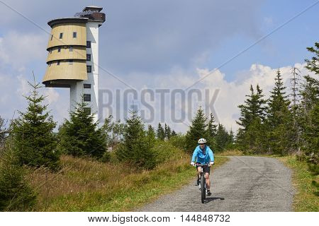 National Park Sumava, Czech Republic - AUGUST 28, 2016 - Polednik viewing tower, Meridian hill, the Bohemian Forest. Forests around the destroyed during the storm Kyrill.