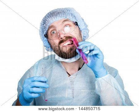 Funny crazy emotional chemist with flask. mad scientist in his laboratory experimenting on secret formulas