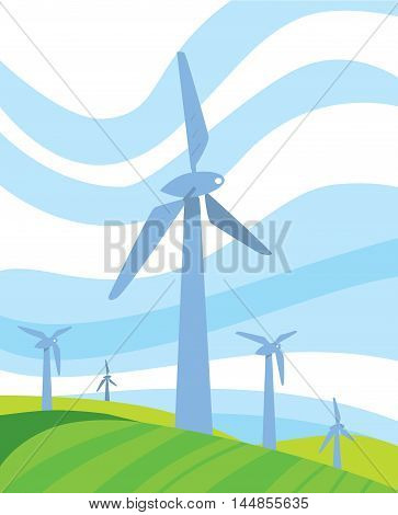 Clean energy vector illustration. Wind turbines in green field on background of blue wavy sky. Windfarm poster. Windmills for electric power production. Eco generation. Renewable resources concept.
