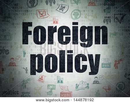Politics concept: Painted black text Foreign Policy on Digital Data Paper background with   Hand Drawn Politics Icons