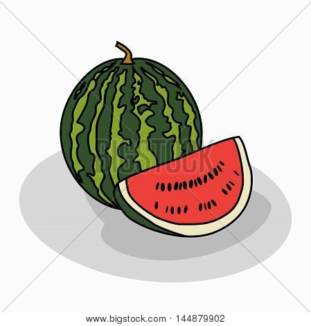 Abstract vector illustration logo for a big,ripe,red watermelon.The isolated figure of the fruit,thick rind,berry,piece of fruit,close-up on white background.Icon for shop,market,food,vitamins,nature.