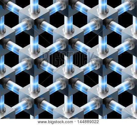 Seamless metal luminous blue cubes on black background.