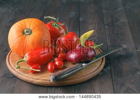Harvest. Healthy food: fresh ripe vegetables on wood