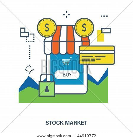 Concept of mobile marketing and stock market. Color Line icons. Flat Vector illustration