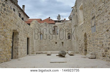 The shell of an old church in the historic old town of Dubrovnik Croatia.