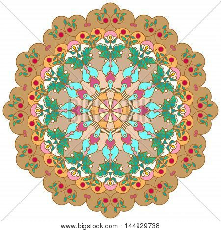 Mandala, circular ornament using the leaves, berries and flowers in the Oriental style