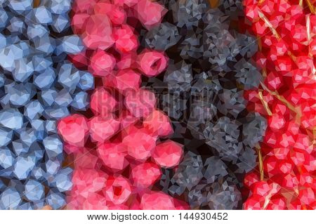 Low poly illustration rows of fresh berries on table - blackberry, raspberry and blueberry