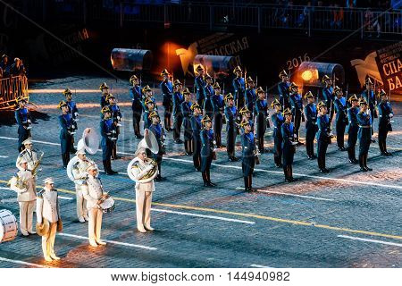 MOSCOW, RUSSIA - AUGUST 26, 2016: Spasskaya Tower international military music festival. The Honor Guard of the Presidential Regiment and the President's band at the Red Square