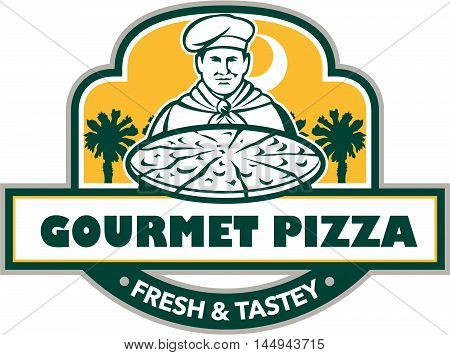 Illustration of a chef with pizza set inside shield and banner with the words text Gourmet Pizza Fresh & Tastey and palmetto trees in the background done in retro style.