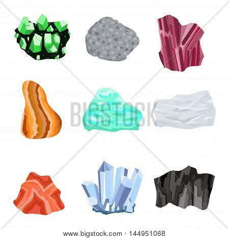 Collection set of semi precious gemstones stones and mineral stone isolated on white background. Colorful shiny gemstone. Mineral stone jewelry material agate mineral stone geology nature crystal.